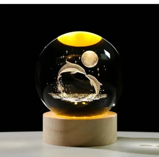 Glass Lamp 3D  Ball Astronomy Night Lamp with Base for Living Room Ornament Solar System Fantasy Decoration LED Colorful Lighting Touch Base Moon Light (dolphin)